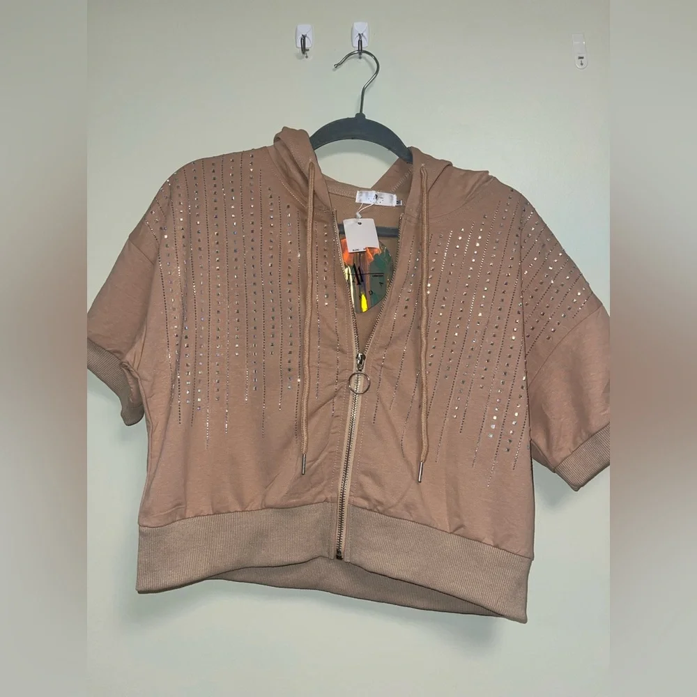 Amanda Rose Collection Tan Crop Top with Rhinestones - Picture 1 of 4